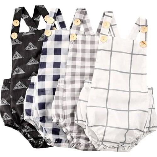 Newborn Infant Baby Boy Girl Romper Summer Button Jumpsuit Plaid Casual Sleeveless Backless Cotton Outfits Clothes