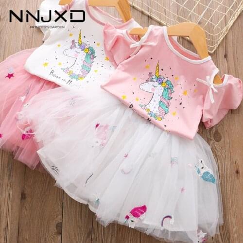 Girls Unicorn Dress Clothing Sets 2020 Summer Cute Princess Girl Unicorn T- Shirt + Gauze Dress 2PCS Set Children Clothing 3 8Y