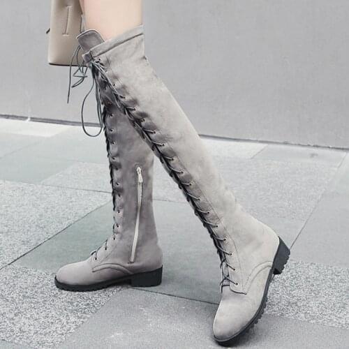 Fashion Womens Over The Knee Boots Cross-tied Flock Female Boots Thigh High Women Boots Sexy Ladies Short Heels Booties