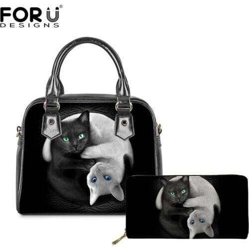 FORUDESIGNS Fashion Ladies Crossbody Bags Cute White Black Cat Print 2pcs/Set Pu Leather Female Messenger Bags Casual Tote Bolsa