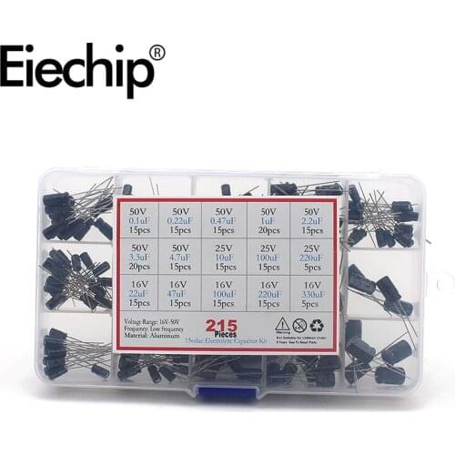 Electrolytic Capacitor kit 15 Values 0.1uF-330uF 16V 25V 50V Capacitors Assortment Kit with Box 215Pcs