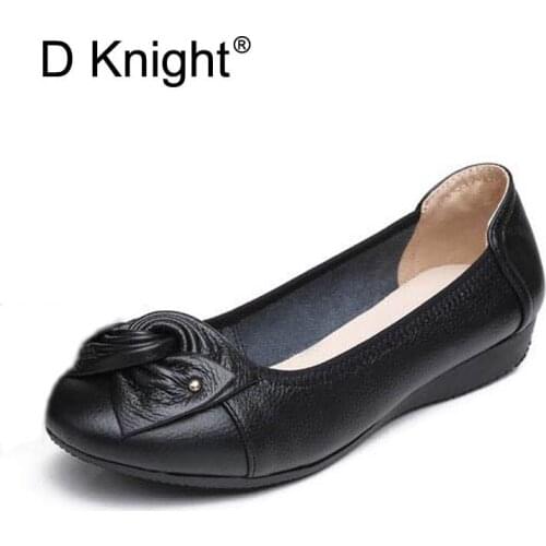 New Women Genuine Leather Flats Fashion Bow Shallow Mouth Slip-on Women Flats Ladies Casual Flat Shoes Size 35-43 Mother Shoes