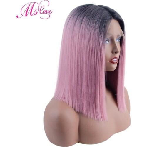 Synthetic Lace Front Wig For Women Straight Bob Cosplay Wig Ombre 1B/99j Pink Blue Short 14 Inch Burgunday 99J 150% Density