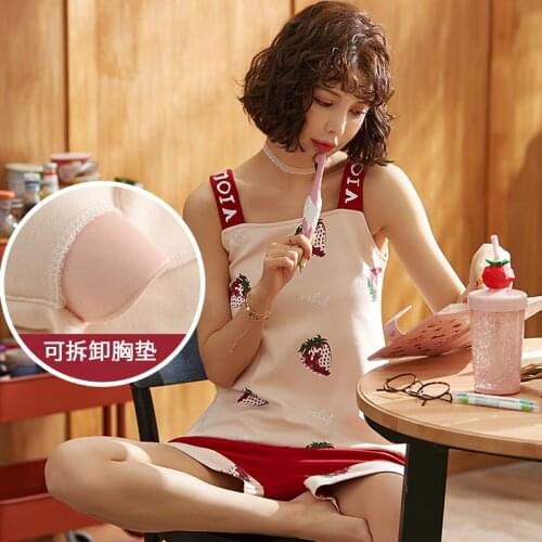 Pajamas, womens cotton suspender shorts, two piece suit, fresh strawberries, girls' home clothes, with breast pad
