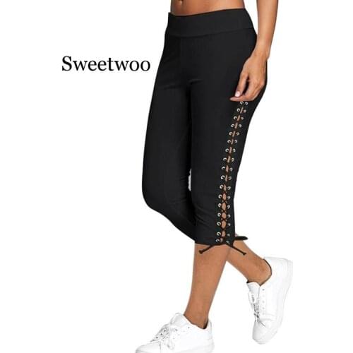 Casual Women Leggings Lace-up Elastic Leggings Solid Seamless Gym Fitness Pants High Waist Sports Pants