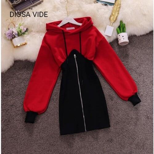 Style hooded lantern sleeves waist hit color fake two-piece knitted package hip dress female 2020 new