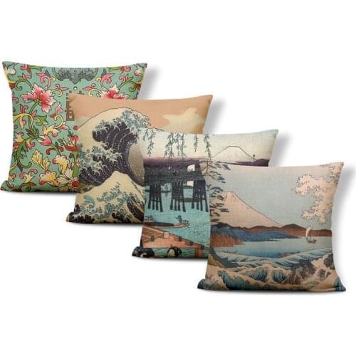 Retro Japan Cushion Cover Pillow Case Mount Fuji Ocean Landscape Ukiyoe Hokusai Pillow Pillowslip Covers 18X18 Burlap Colorful