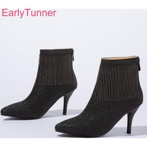 Winter Brand New Sweet Black Silver Women Ankle Boots Tassel High Spike Heels Lady Shoes Plus Big Small Size 11 32 43 45 48