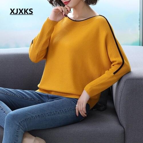 XJXKS Fashion slash collar women sweater 2020 spring new bat sleeve loose plus size women cashmere sweater pullover