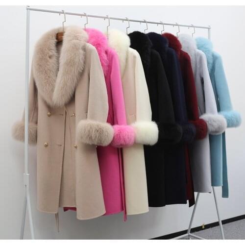 Trench Coat Women Wool Coat With Real Fur Collar Elegant Belted Double Breasted Winter Jacket Women 2021