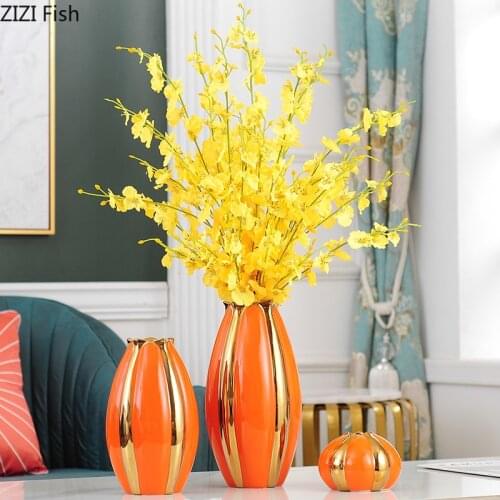 Star Fruit Ceramics Vase Orange Porcelain Vases Desk Decor Golden Stripes Floral Artificial Flowers Home Decoration Modern
