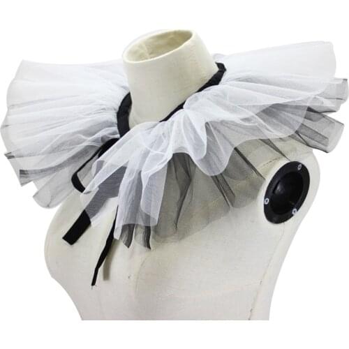 83XC Women Renaissance Tulle Ruffled Fake Collar Layered Black White Mesh Clown Choker Lace-Up Ribbon Victorian Neck Ruff Shawl