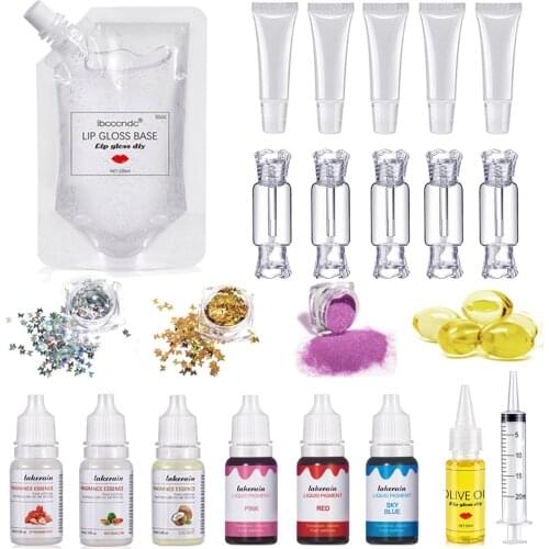 DIY Lip Gloss Base Kit Moisturizing Clear Lip Gloss Base Gel 100ml with Lipgloss Tube Pigment Powder Glitter Flavor Essence Oils
