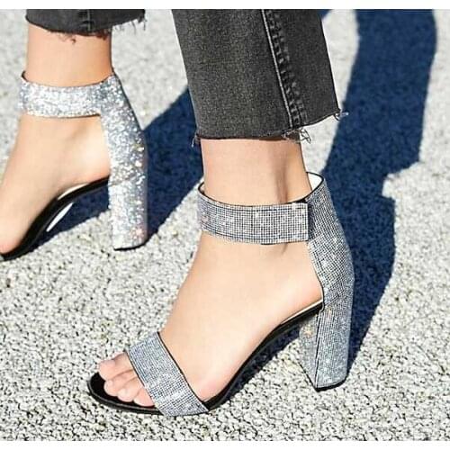 Free Shipping Women Sexy Black Nude Blue Crystal Diamond Bling Bling Peep Toe Square Heel 100 mm Hook Loop Sandals Lady Shoes