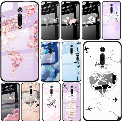 Tempered Glass Cover World Map Travel Just Go For Xiaomi Redmi K40 K30 K20 9T 9C 9A 9 8A 7 Pro Plus Shockproof Phone Case