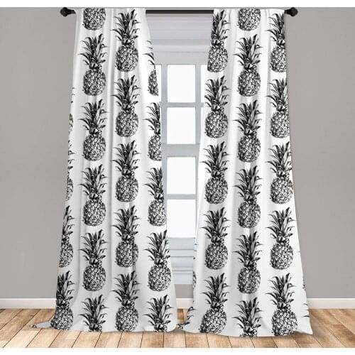 Black Gray Pineapple Curtains Hand Drawn Tropical Theme Vintage Style Pineapple Fruit Window Treatment Living Room Bedroom Decor