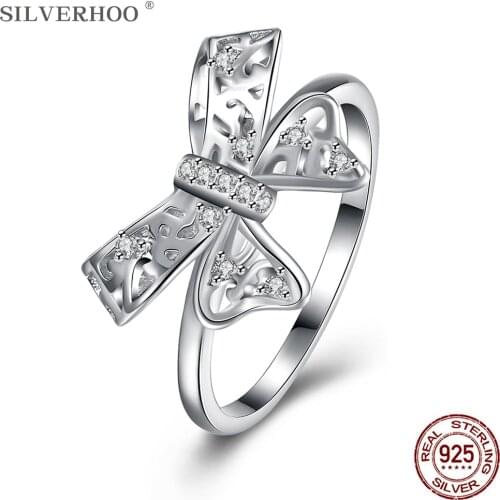 SILVERHOO 925 Sterling Silver Cute Hollow Butterfly Rings For Women Exquisite Cubic Zirconia Engagement Ring Female Jewelry