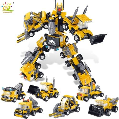 HUIQIBAO 408pcs City Engineering 6in1 Transformation Robot Model Building Blocks Boys Assemble Truck Mecha Bricks Toys Children