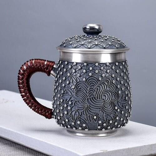 Personality S999 Sterling Silver Bead Mug for Tea Large With Lid