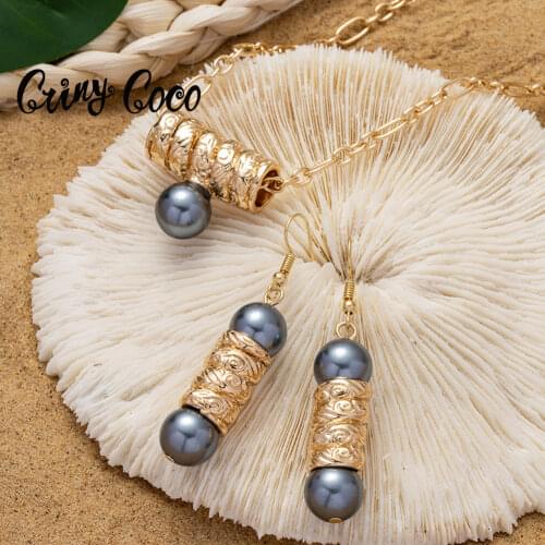 Cring Coco Hawaiian Jewelry Wholesale Earring Set Different Color Pearl Polynesian Drop Pearl Necklace Set for Women Party Gifts