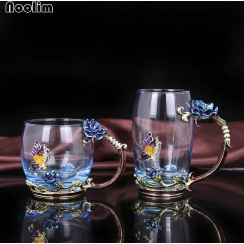 NOOLIM Creative Vintage Enamel Glass Cups Blue and Red Rose Handgrip Style with a Butterfly on the Body of the Glass