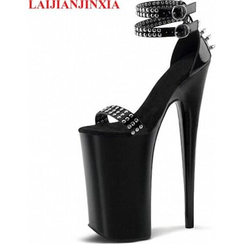 LAIJIANJINXIA New Rivet Bag with Sandals 23cm Ultra High Heels Fine with Waterproof Platform Nightclub Punk Dance Shoes Women