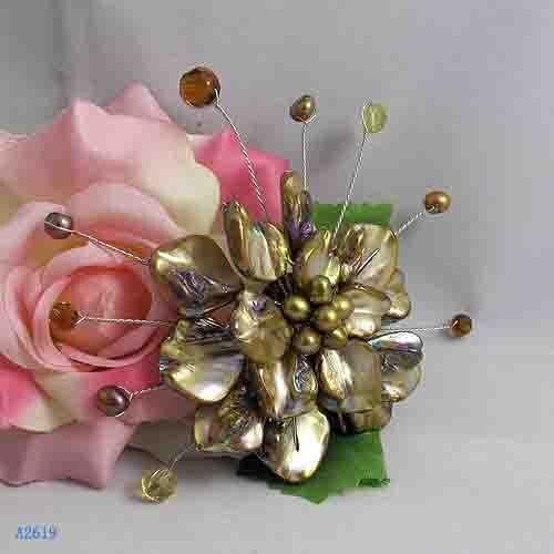 Unique Pearls jewellery Store,Handmade Natural Freshwate Pearl Real Shell Crystal Beads Brooch,Green Shell Flower Brooches