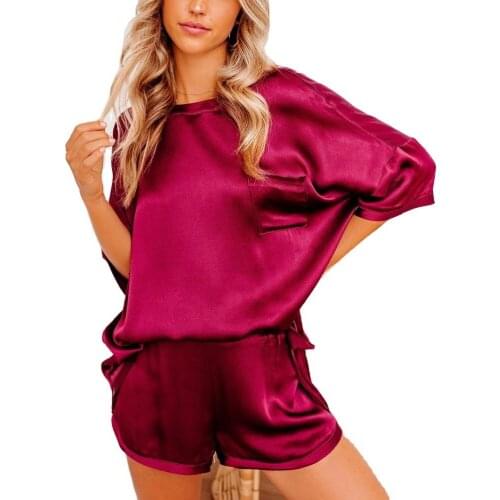 2021 Europe and America Spring/Summer New Solid Color Satin Pajamas Home Dress Short-sleeved Shorts Irregular Two-piece Set