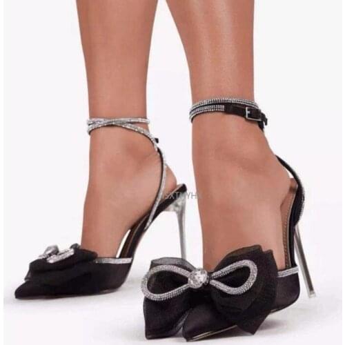 New Fashion Pumps High Heeled Woman Sandals Bling Bowknot Rhinestones Transparent Heels Wedding Bridesmaid Shoes for Female