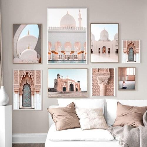 Nordic Posters White Mosque Canvas Painting Morocco Door Stone Wall Prints Pillar Wall Art Picture For Living Room Decoration