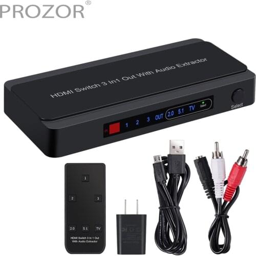 PROZOR 3X1 HDMI Switch Audio Extractor Splitter 2RCA to 3.5mm Audio Cable HDMI to Optical RCA Audio Converter Support 4K@60Hz 3D