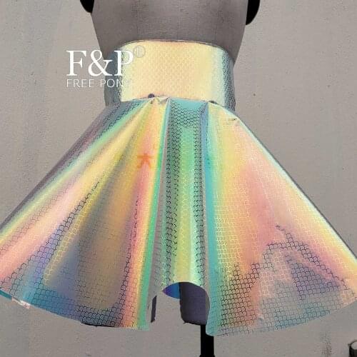 Handmade Plus Size Clothing Holographic Iridescent Mermaid Vinyl High Waist Skater Circle Skirt Women Rave Clothes Outfits