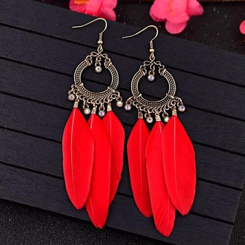 TopHanqi Dream Catcher Red Black Blue Multicolor Feather Earrings Women Inlay Crystal Metal Tassel Earrings Jewelry Accessories