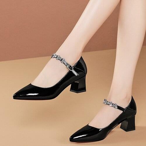 High Quality Genuine Leather Square Heels Party Women Shoes Brand Med Heels PARTY Wedding Ladies Shoes Women Heels Size 34-42