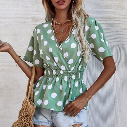 2021 Women Polka Dot Printed Blouse Elegant V Neck Shirt Casual Slim Blouse Summer Short Sleeve High Elastic Waist Beach Tops