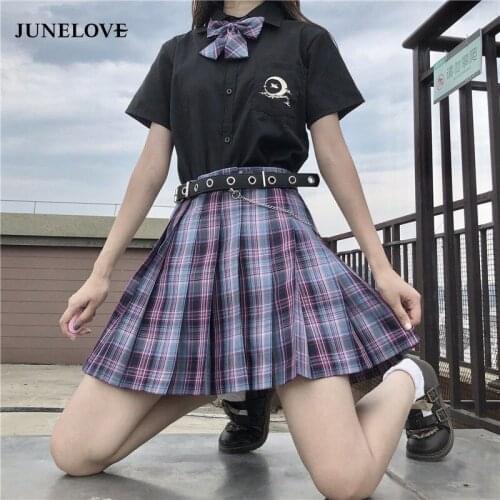 JuneLove Spring Summer High Waist Janpanese Style Pleated Skirts for Girls Cute Sweet Ladies Plaid Mini Skirt Lolita Women Skirt