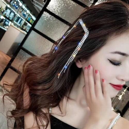 Long Silver Hair Clip Barrettes Bridal Ornament Brooches PinsWedding Hair Accessories Women Trendy Full Crystal Tassel Hairpins