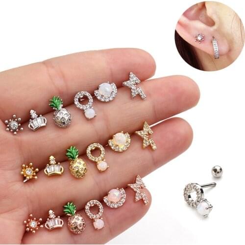 Stainless Steel Stud Earrings with Crystal Pineapple Screw Small Earbone Nail Cross-border Ear Piercing Jewelry for Women