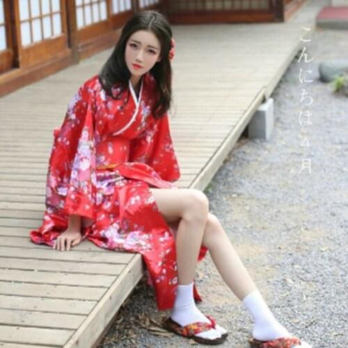 Sexy Japanese National Style Kimono Yukata With Obi Novelty Women Dressing gown Cosplay Costume Floral One Size