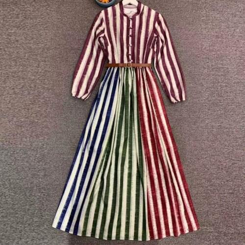 Women striped long dress runway dresses with belt autumn spring women dress long sleeve
