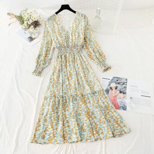 New Spring Summer V Neck Floral Chiffon Dress Women Button Long Sleeve High Waist Ruffle Elegant Mid-calf Dress Casual Vestidos