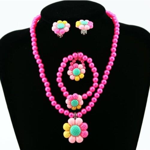 1Set=4pcs Baby Girls Imitation Pearl Beads Cute colorful sun flower Necklace Bracelets rings Kids Children Jewelry Set Gift