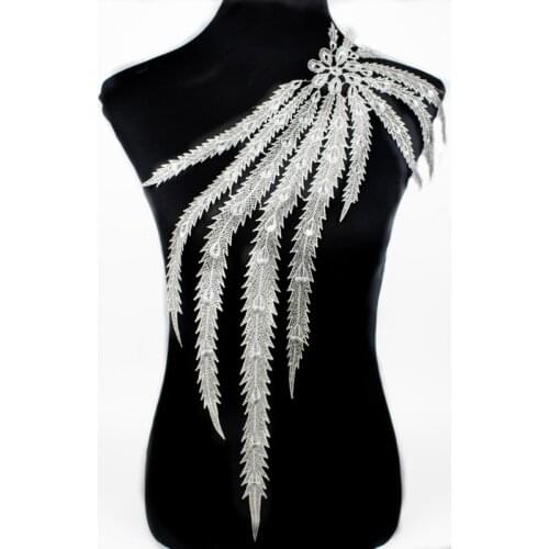 1pc Embroidery Silver Peacock Tail Guipure Lace Neckline Fabric DIY Lace Collar Wedding Dress Fabric Sewing Supplies Trim Crafts