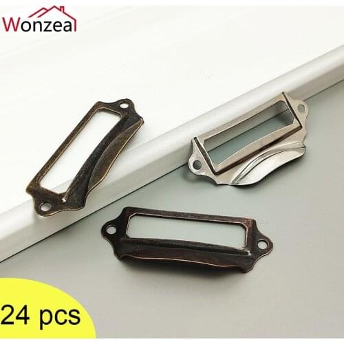 24pcs Retro Metal Label Pull Frame Handle File Name Card Holder For Furniture Cabinet Drawer Jewelry Chest Box Case Bin 29x69mm