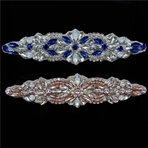 1 piece Crystal Rhinestone Applique for Wedding Dresses Costume Hats Iron on 21 cm x 5 cm Blue Rose Gold
