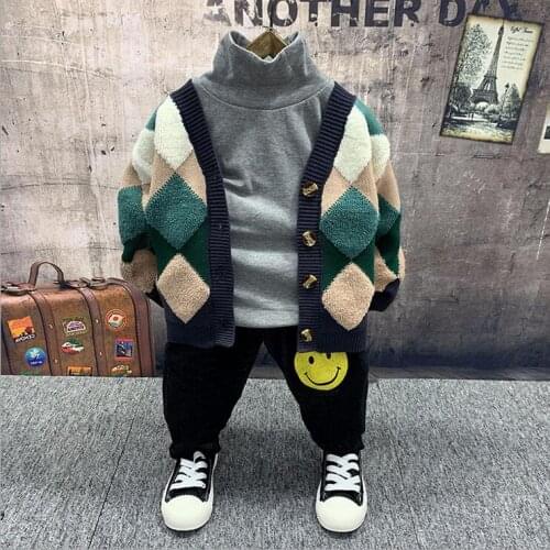 Winter Kids Clothes Sets 3pcs/set New baby Boys clothes set Boy Knit Cardigan,plush T-shirts,plush jeans Outfits Sets 2-6years