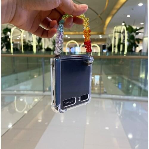 DIY Fashion Colorful Crystal Bear Bracelet Hand Chain Case Cover For Samsung Galaxy Z Flip 5G F7070 F7000 Clear Shockproof Case