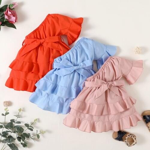 Toddler Kids Girls Summer Casual Dresses One Shoulder Solid Belt Bowknot Layered Dress Sundress Clothes Drop Shipping