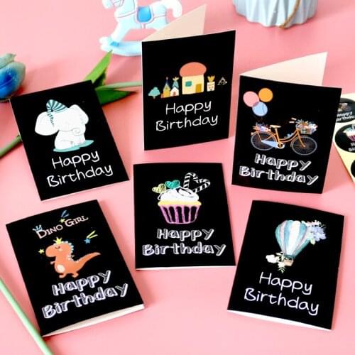 Cute Dinosaur Castle Gift Card Happy Birthday Greeting Cards with Envelope Sticker Party Invitation Folding Postcard 6sets