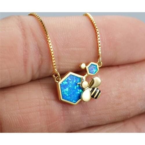 Cute Small Bee Wedding Necklace Luxury Female Blue White Opal Pendant Necklace Charm Gold Silver Color Chain Necklaces For Women